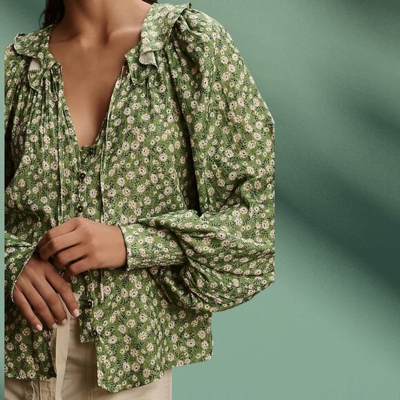 Anthropologie Tops - Anthropologie Button-Front Peasant Blouse In Green Motif